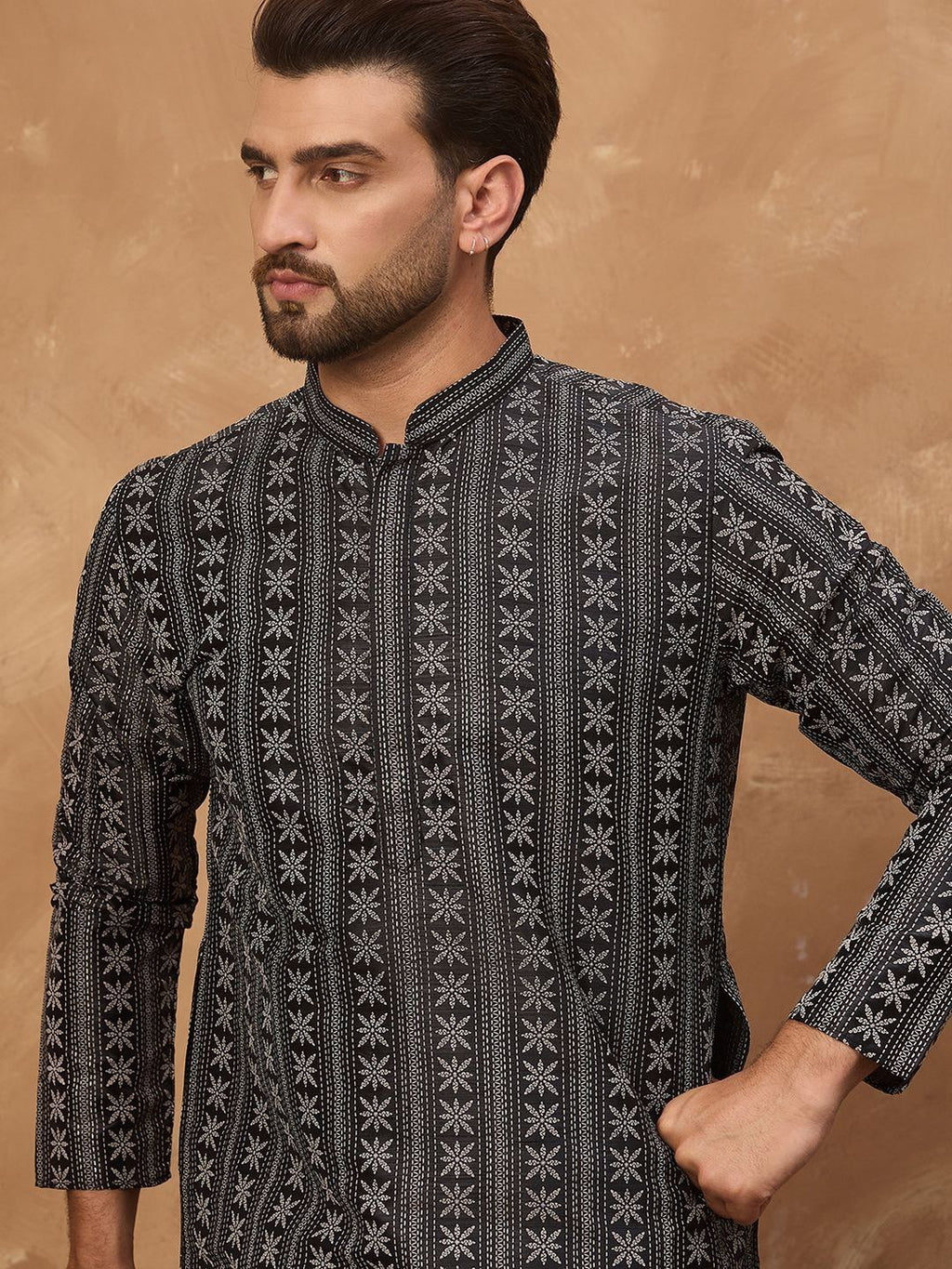 Men Black Silk Blend Geometric Printed Straight Kurta With Pant Set-MKSET1523