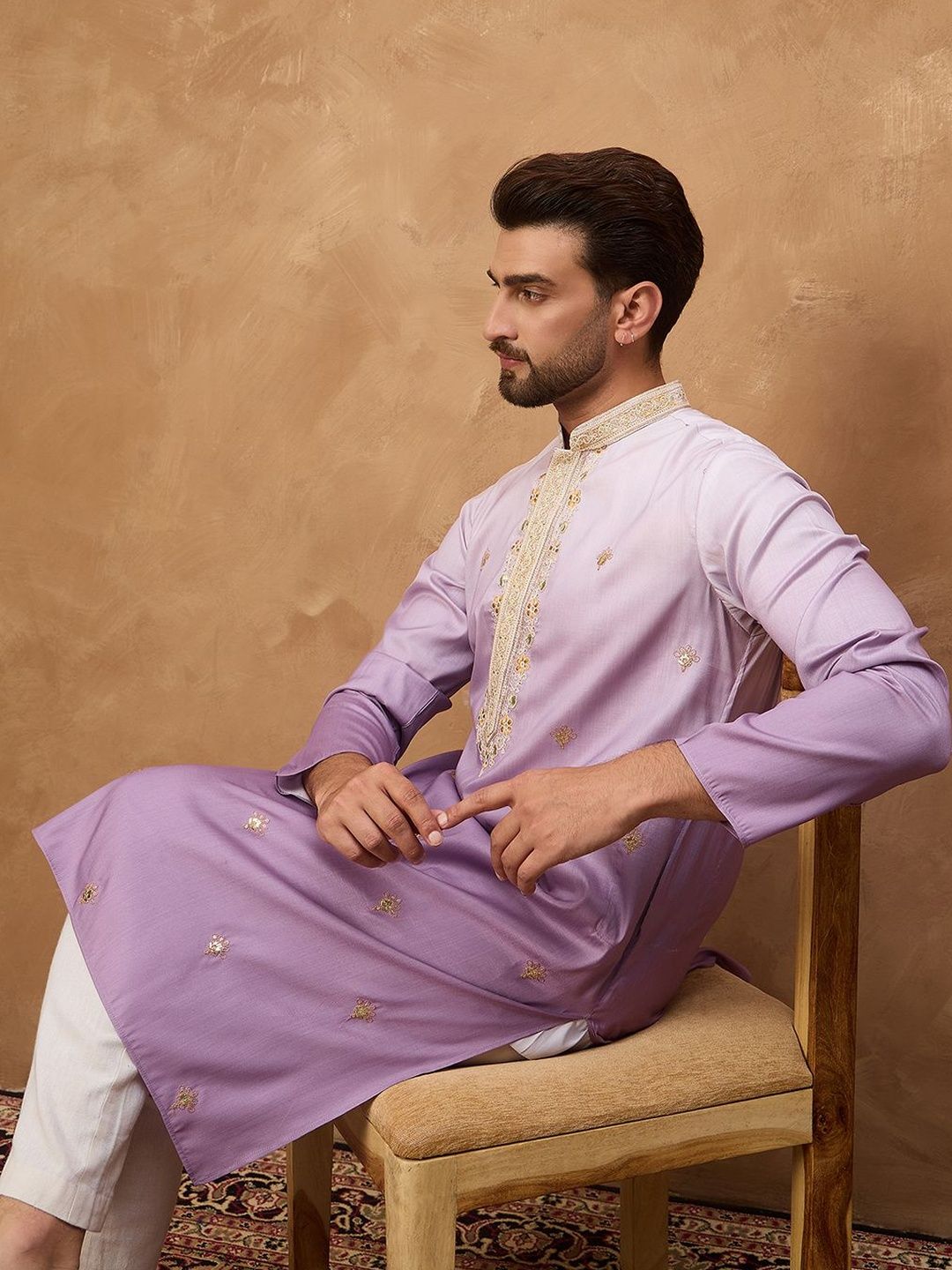 Men Purple Silk Blend Solid Embroidered Straight Kurta With Pant Set-MKSET1487