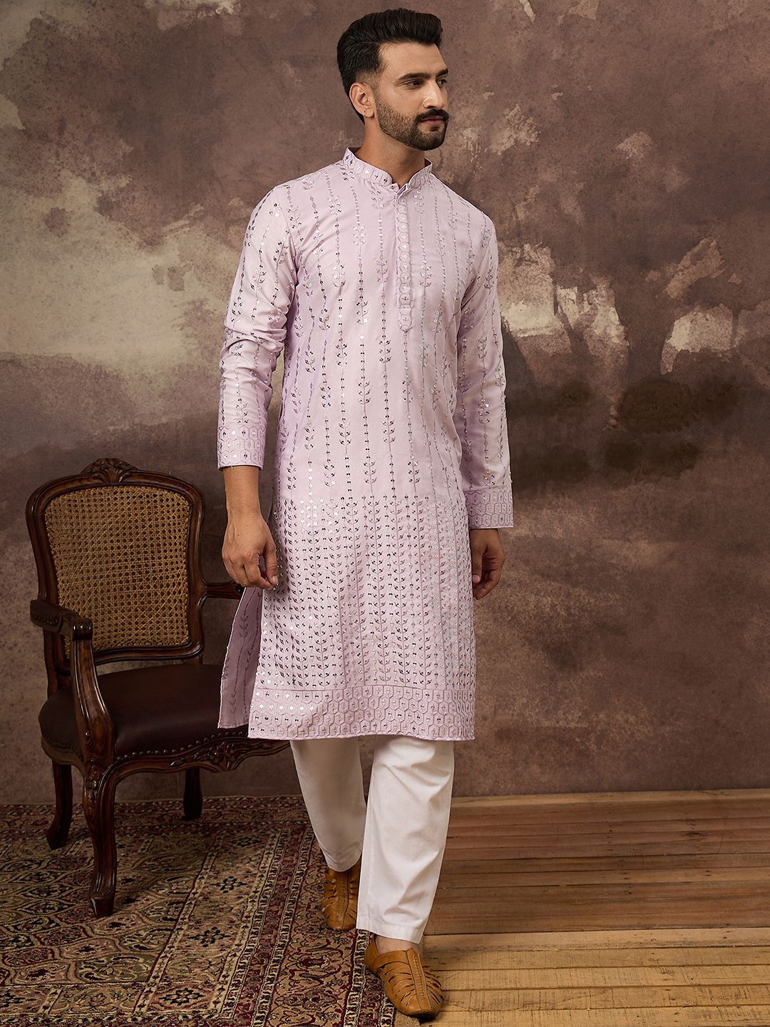 Men Lavender Silk Blend Solid Embroidered Straight Kurta With Pant Set-MKSET1359