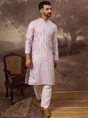 Men Lavender Silk Blend Solid Embroidered Straight Kurta With Pant Set-MKSET1359