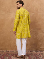 Men Yellow Viscose Rayon Ethnic Motifs Printed Straight Kurta With Pant Set-MKSET1542