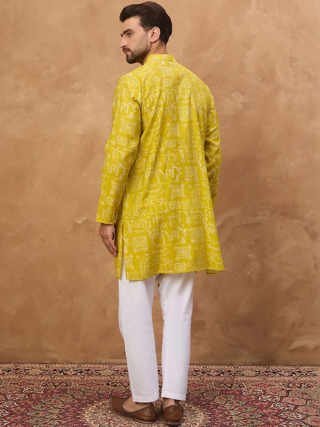 Men Yellow Viscose Rayon Ethnic Motifs Printed Straight Kurta With Pant Set-MKSET1542