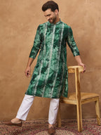 Men Green Silk Blend Shibori Embroidered Straight Kurta With Pant Set-MKSET1538