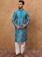 Men Blue Silk Blend Geometric Printed Straight Kurta With Pant Set-MKSET1527