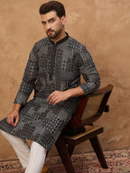 Men Black Silk Blend Geometric Printed Straight Kurta With Pant Set-MKSET1528