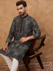 Men Black Silk Blend Geometric Printed Straight Kurta With Pant Set-MKSET1528