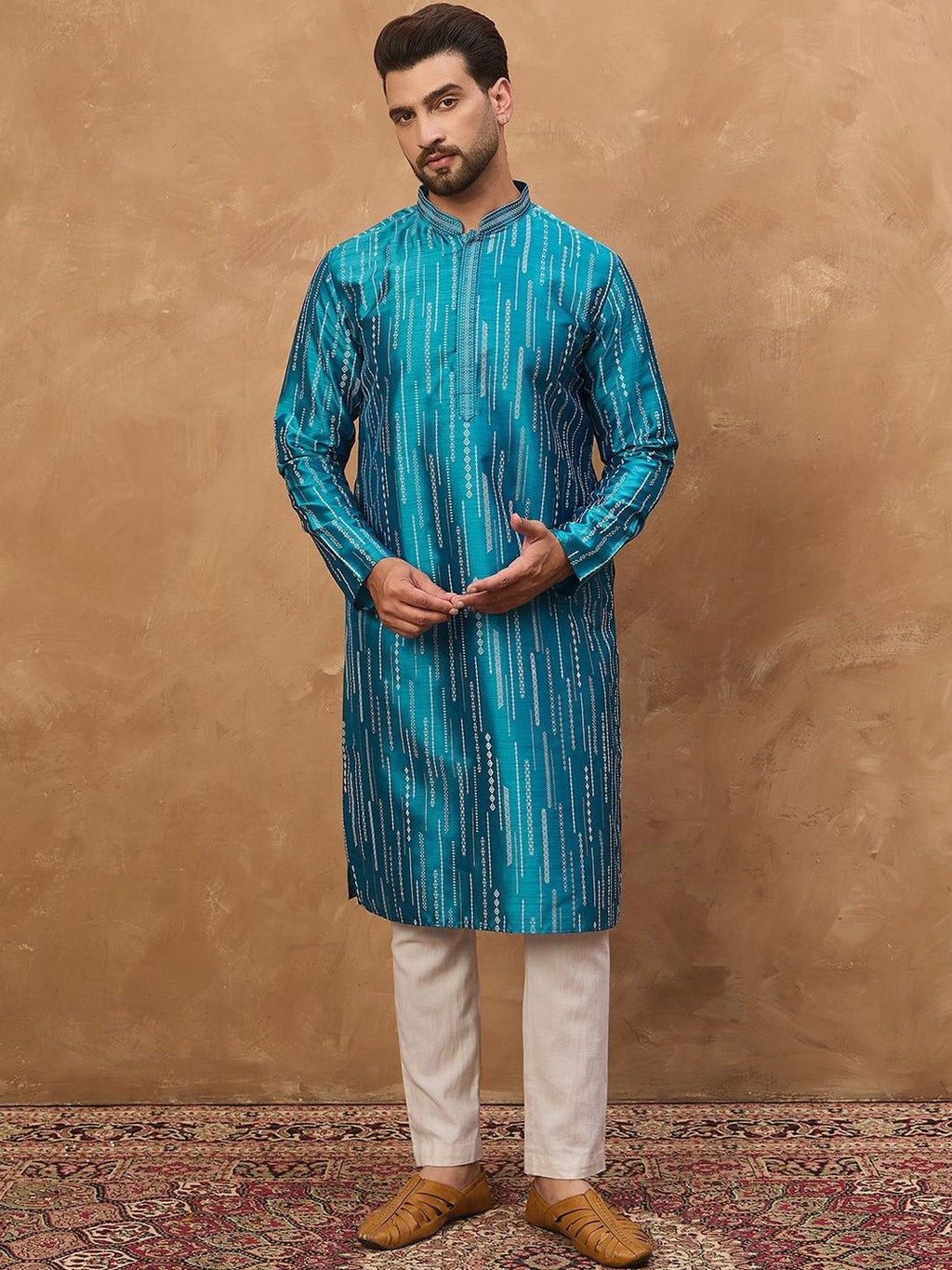 Men Blue Silk Blend Geometric Printed Straight Kurta With Pant Set-MKSET1519