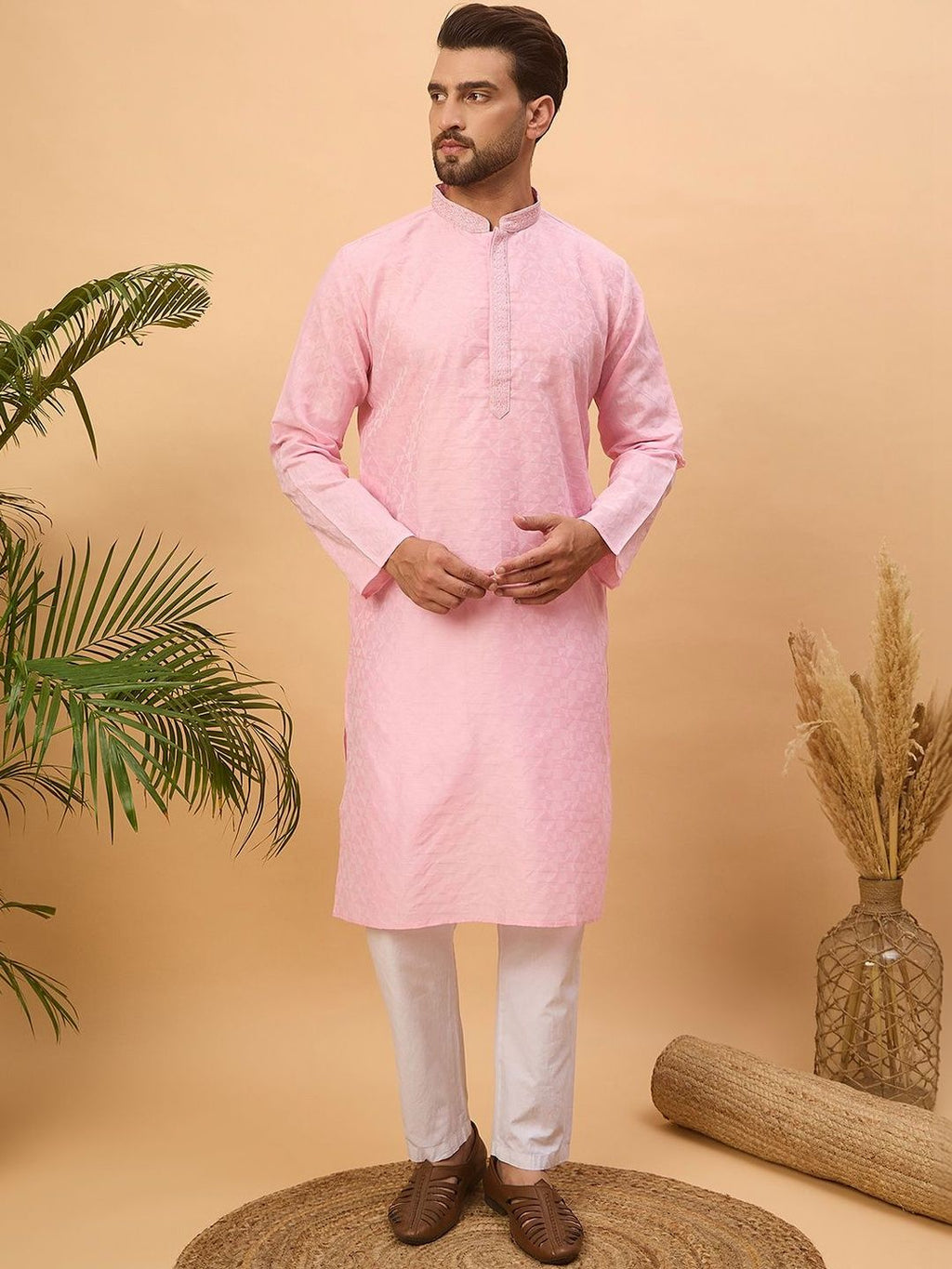 Men Pink Silk Blend Solid Embroidered Straight Kurta With Pant Set-MKSET1454