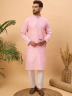 Men Pink Silk Blend Solid Embroidered Straight Kurta With Pant Set-MKSET1454
