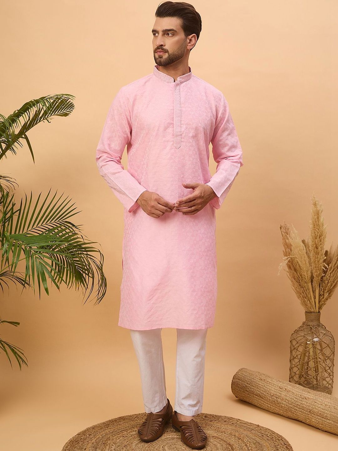 Men Pink Silk Blend Solid Embroidered Straight Kurta With Pant Set-MKSET1454