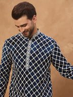 Men Blue Viscose Rayon Shibori Embroidered Straight Kurta With Pant Set-MKSET1414