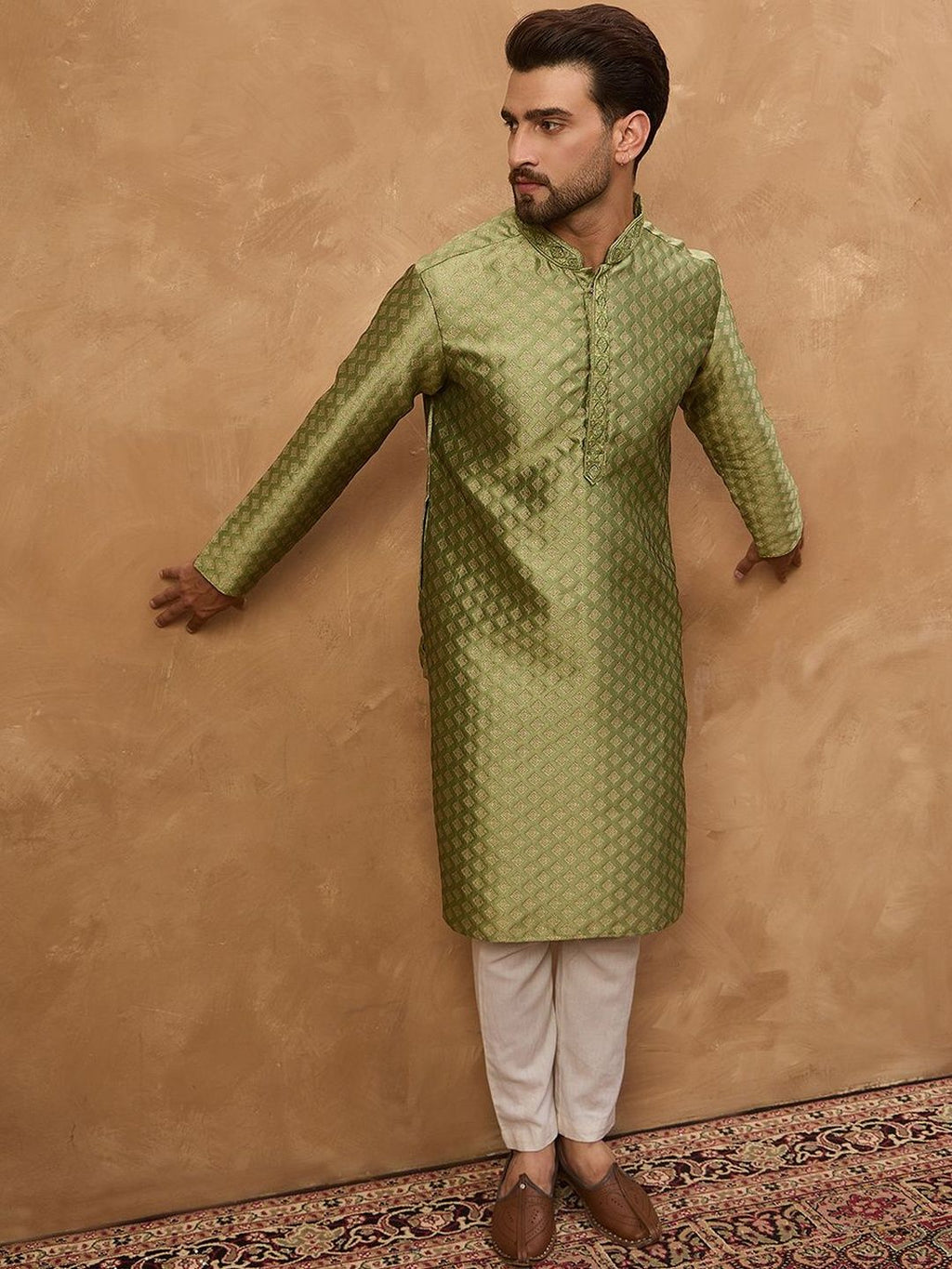 Men Green Silk Blend Solid Woven Design Straight Kurta With Pant Set-MKSET1456