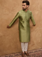 Men Green Silk Blend Solid Woven Design Straight Kurta With Pant Set-MKSET1456