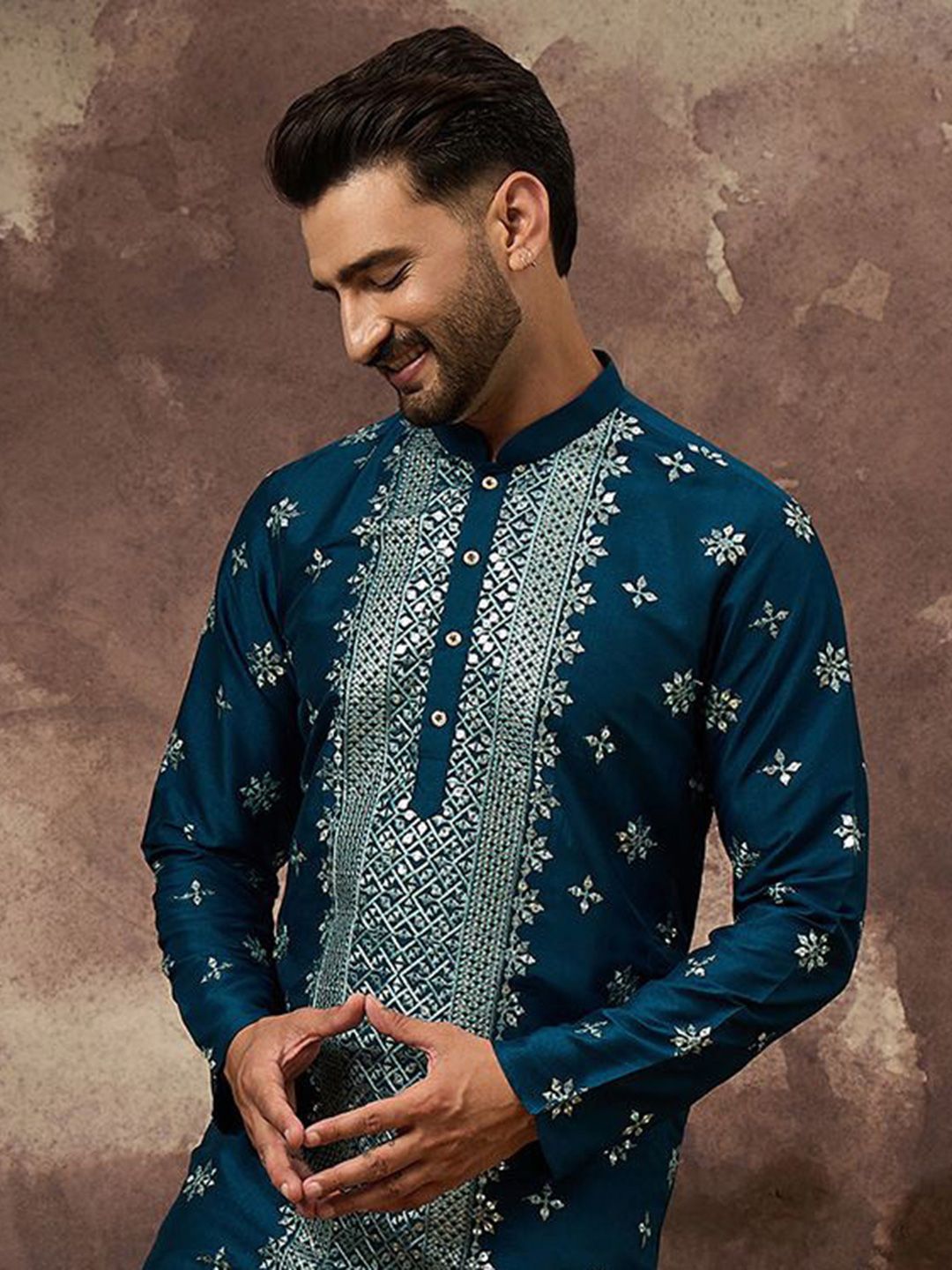 Men Blue Silk Blend Solid Embroidered Straight Kurta With Pant Set-MKSET1371