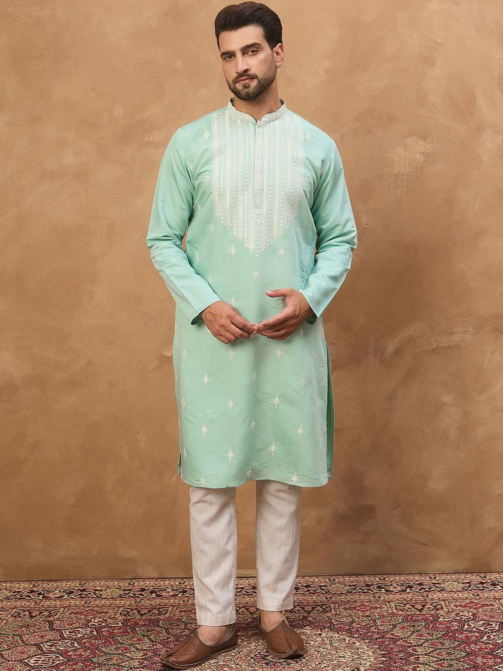 Men Blue Silk Blend Solid Embroidered Straight Kurta With Pant Set-MKSET1511