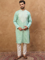 Men Blue Silk Blend Solid Embroidered Straight Kurta With Pant Set-MKSET1511
