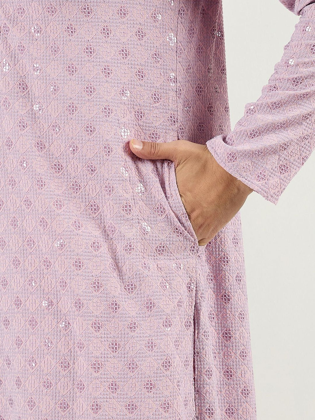 Men Purple Viscose Rayon Solid Embroidered Straight Kurta With Pant Set-MKSET1061