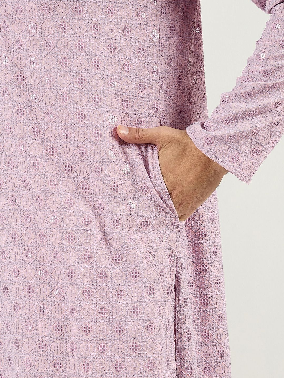 Men Purple Viscose Rayon Solid Embroidered Straight Kurta With Pant Set-MKSET1061