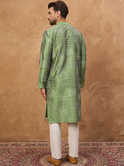 Men Green Silk Blend Geometric Printed Straight Kurta With Pant Set-MKSET1530