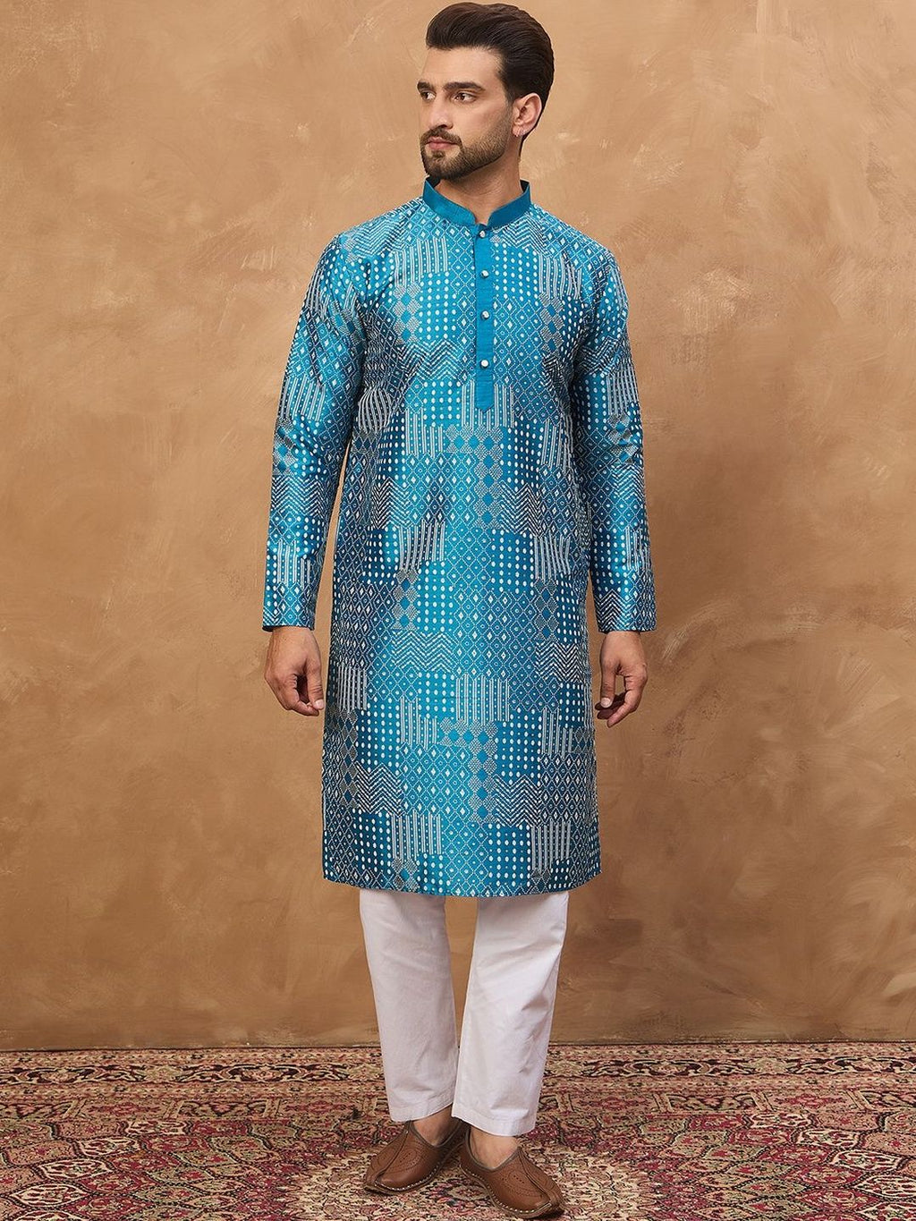 Men Blue Silk Blend Geometric Printed Straight Kurta With Pant Set-MKSET1527