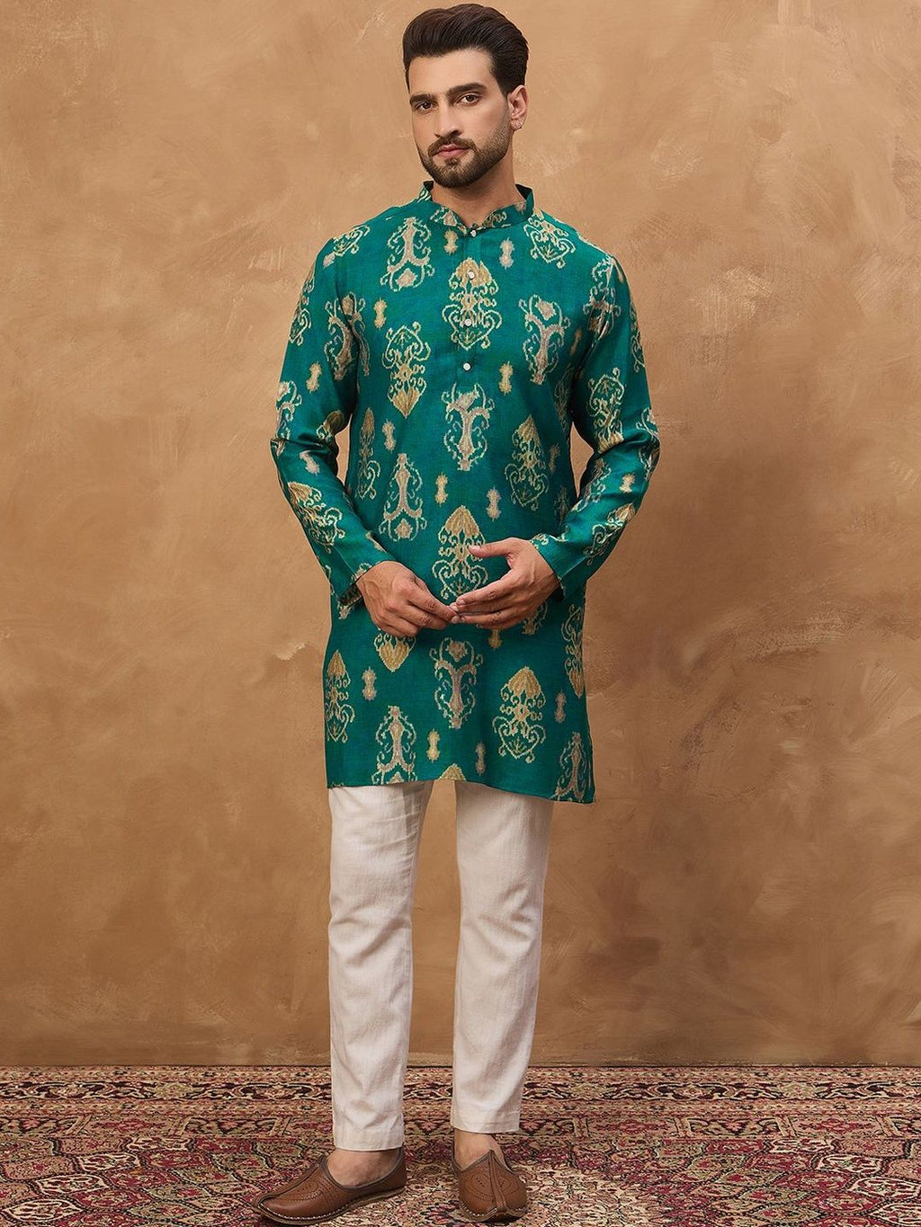 Men Blue Viscose Rayon Ikat Printed Straight Kurta With Pant Set-MKSET1546