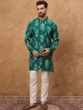 Men Blue Viscose Rayon Ikat Printed Straight Kurta With Pant Set-MKSET1546