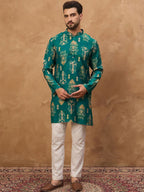 Men Blue Viscose Rayon Ikat Printed Straight Kurta With Pant Set-MKSET1546