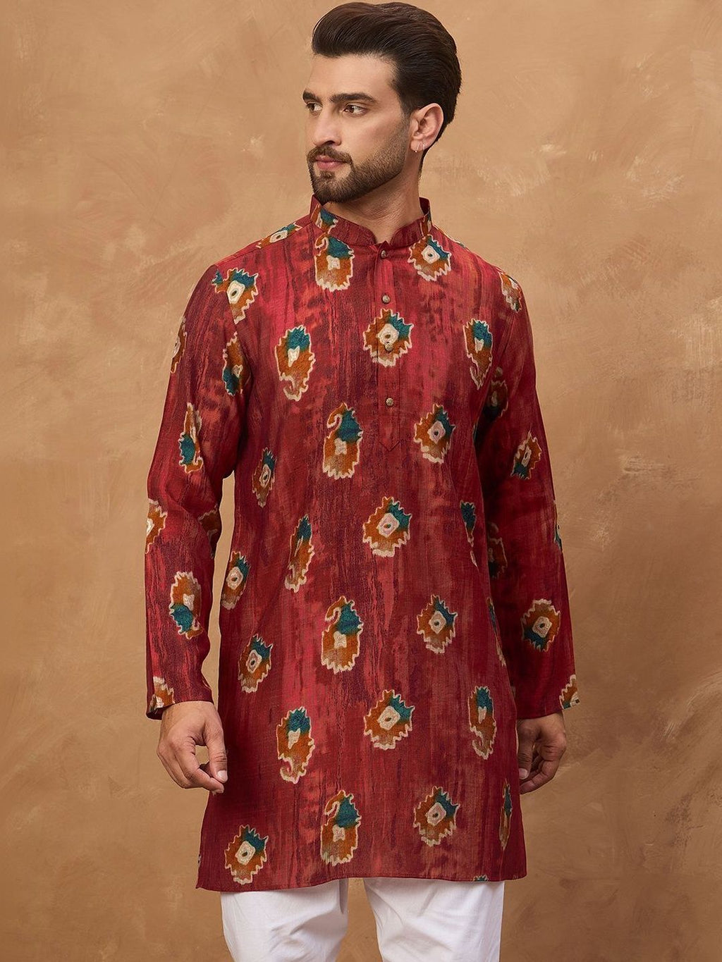 Men Red Viscose Rayon Ethnic Motifs Printed Straight Kurta With Pant Set-MKSET1544