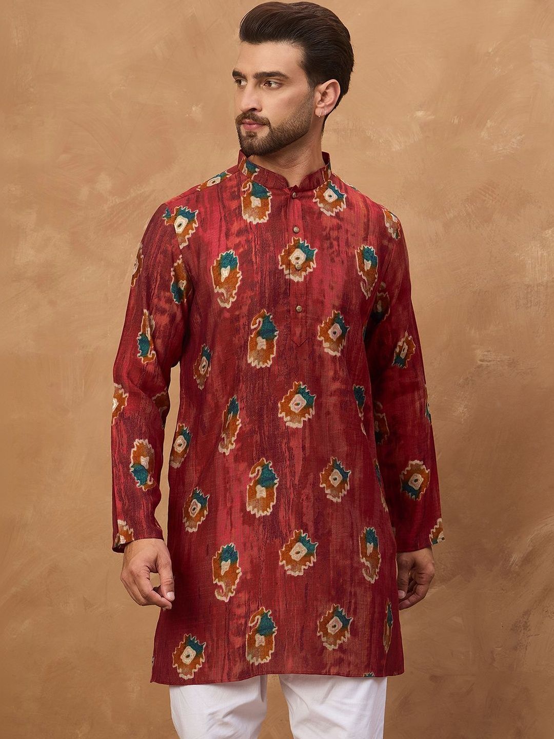 Men Red Viscose Rayon Ethnic Motifs Printed Straight Kurta With Pant Set-MKSET1544