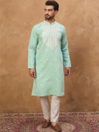 Men Blue Silk Blend Solid Embroidered Straight Kurta With Pant Set-MKSET1511