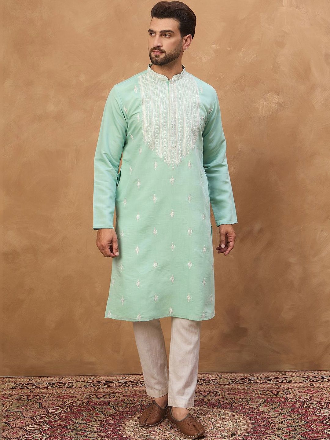 Men Blue Silk Blend Solid Embroidered Straight Kurta With Pant Set-MKSET1511