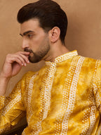 Men Yellow Silk Blend Shibori Embroidered Straight Kurta With Pant Set-MKSET1540