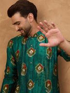 Men Teal Viscose Rayon Ethnic Motifs Printed Straight Kurta With Pant Set-MKSET1541