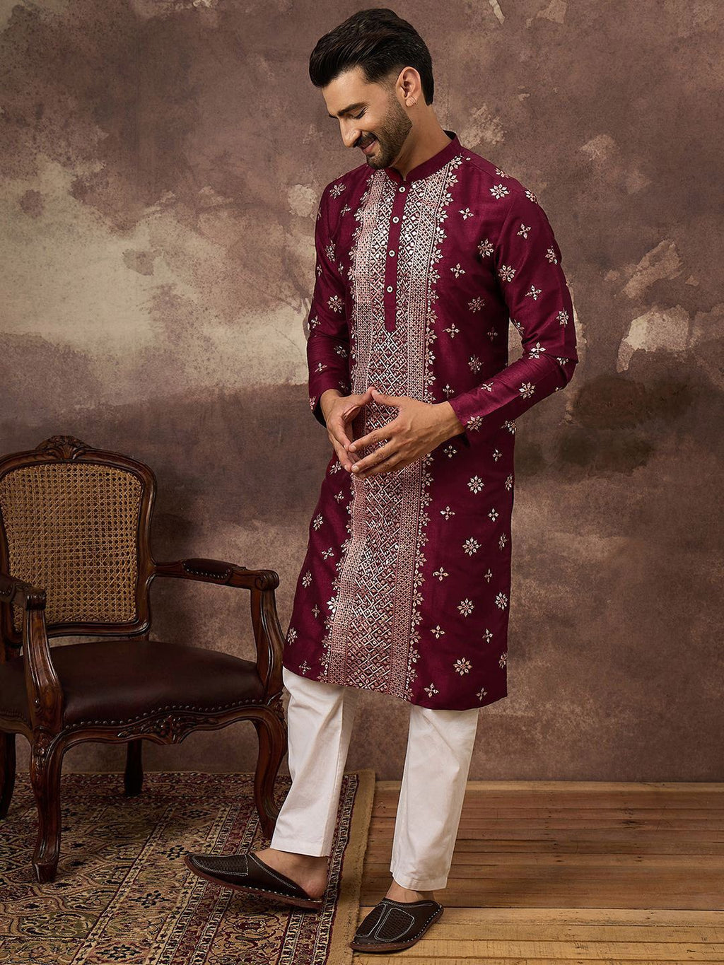 Men Maroon Silk Blend Solid Embroidered Straight Kurta With Pant Set-MKSET1369