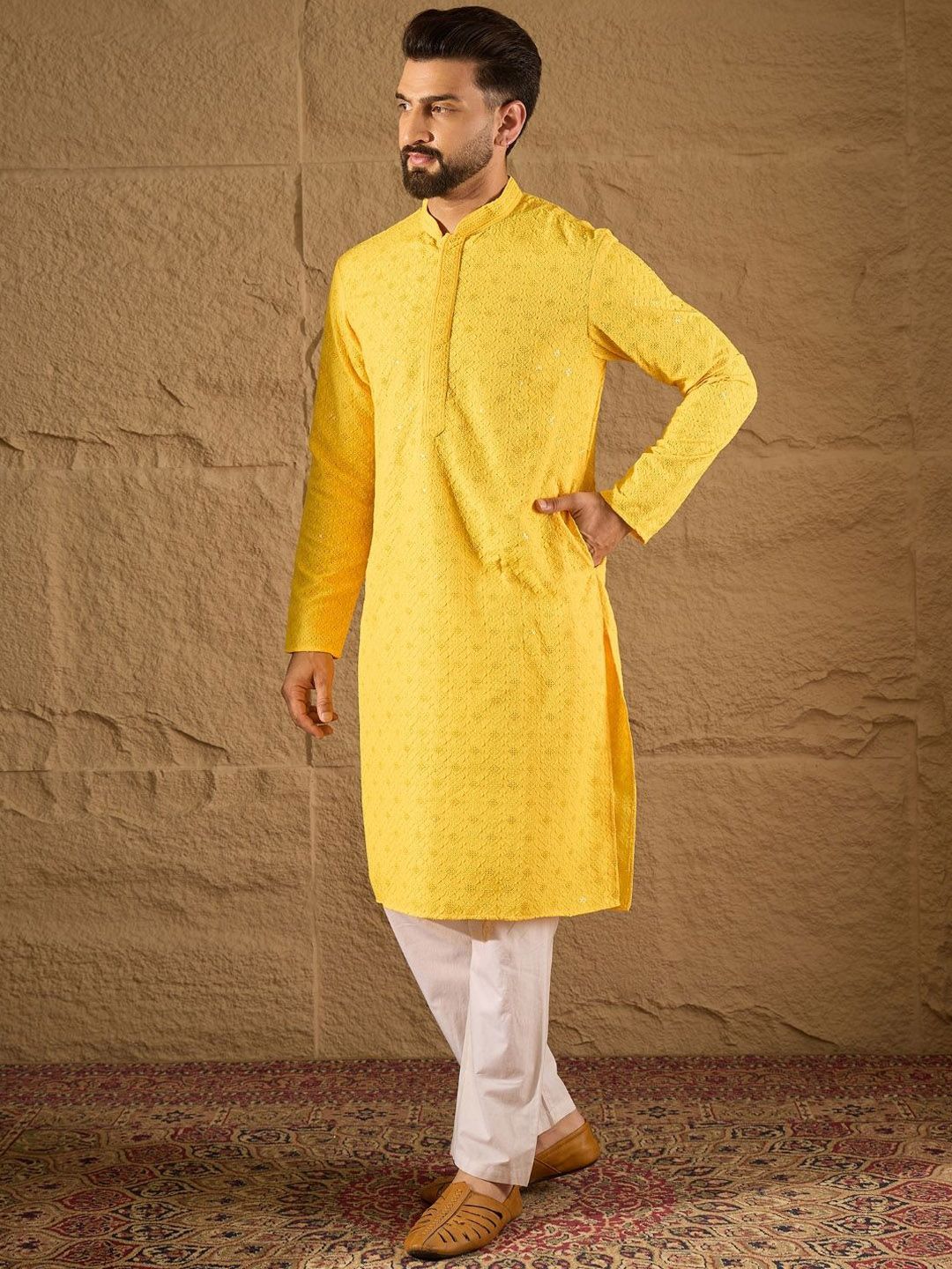 Men Yellow Viscose Rayon Solid Embroidered Straight Kurta With Pant Set-MKSET1212