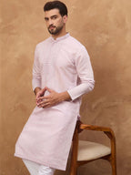 Men Lavender Silk Blend Solid Embroidered Straight Kurta With Pant Set-MKSET1449