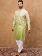 Men Green Silk Blend Solid Embroidered Straight Kurta With Pant Set-MKSET1488