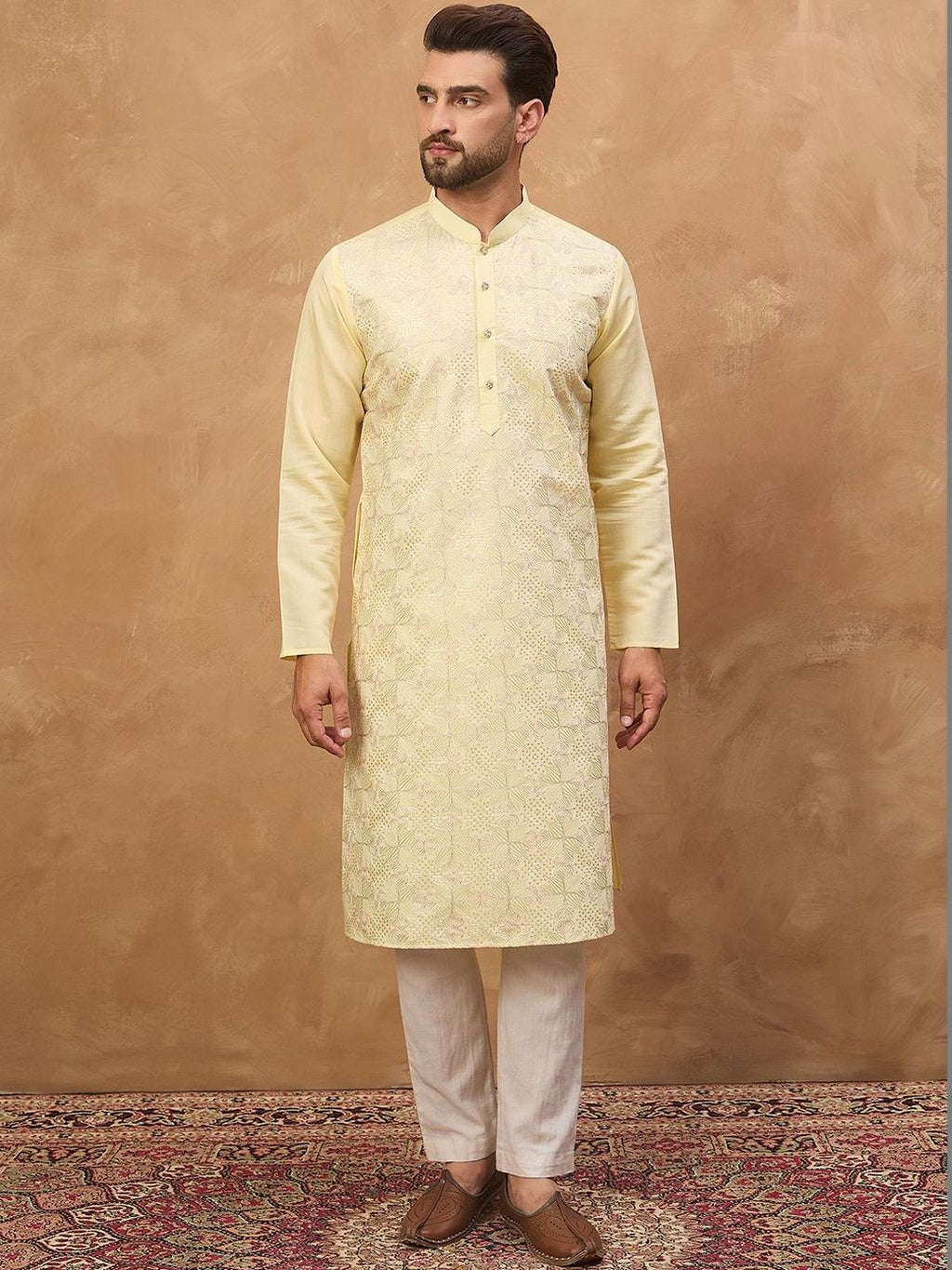 Men Yellow Silk Blend Solid Embroidered Straight Kurta With Pant Set-MKSET1467