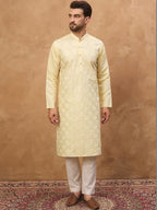 Men Yellow Silk Blend Solid Embroidered Straight Kurta With Pant Set-MKSET1467