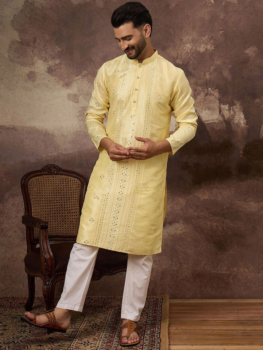 Men Yellow Silk Blend Solid Embroidered Straight Kurta With Pant Set-MKSET1364
