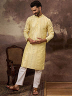 Men Yellow Silk Blend Solid Embroidered Straight Kurta With Pant Set-MKSET1364