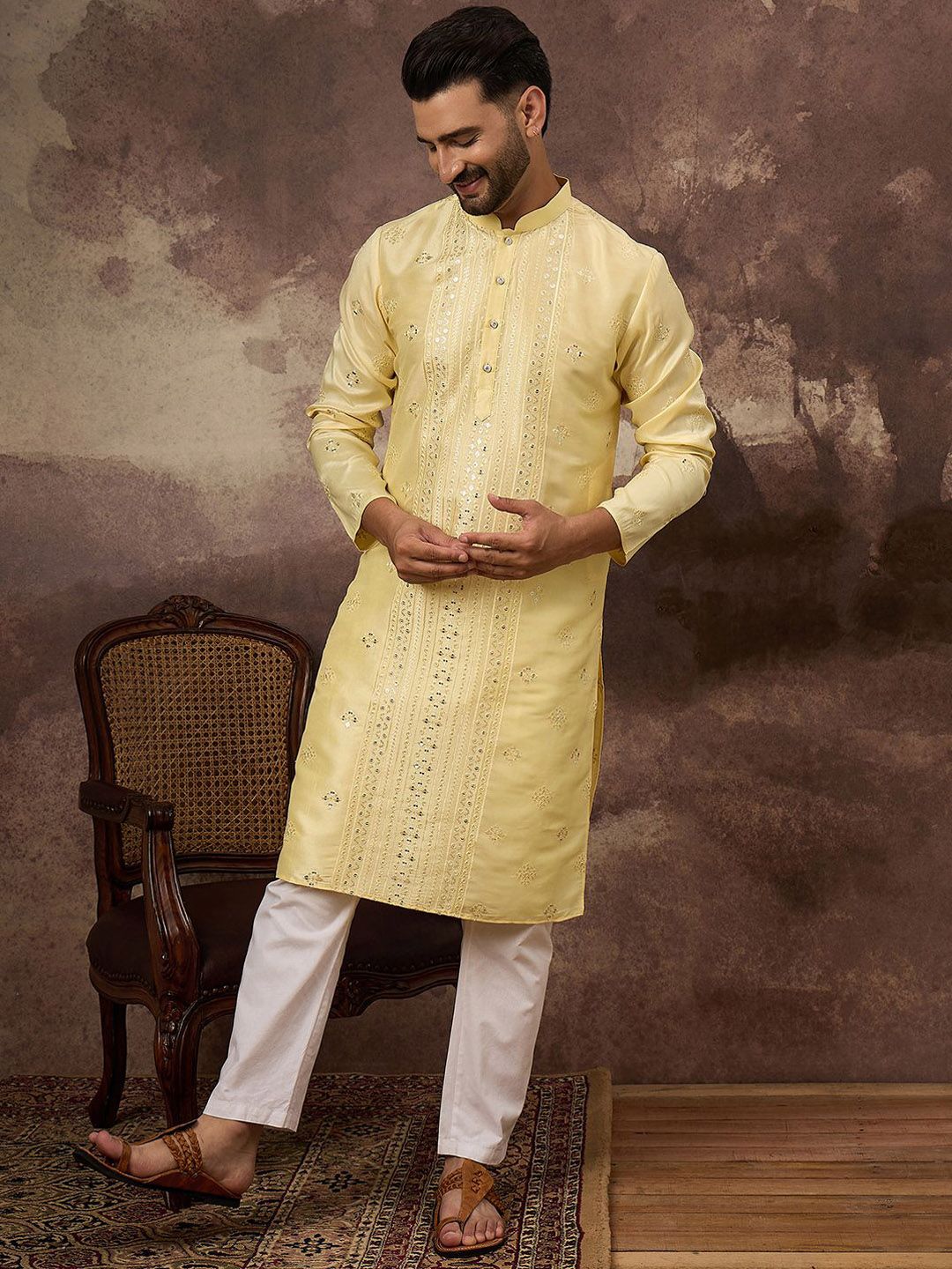 Men Yellow Silk Blend Solid Embroidered Straight Kurta With Pant Set-MKSET1364
