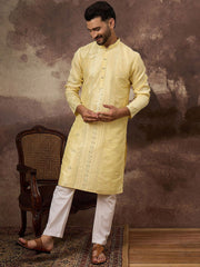 Men Yellow Silk Blend Solid Embroidered Straight Kurta With Pant Set-MKSET1364