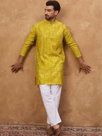 Men Yellow Viscose Rayon Ethnic Motifs Printed Straight Kurta With Pant Set-MKSET1542
