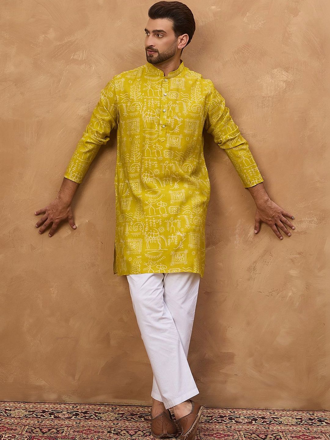 Men Yellow Viscose Rayon Ethnic Motifs Printed Straight Kurta With Pant Set-MKSET1542
