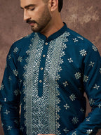 Men Blue Silk Blend Solid Embroidered Straight Kurta With Pant Set-MKSET1371