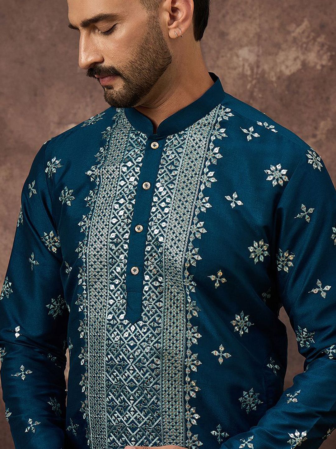 Men Blue Silk Blend Solid Embroidered Straight Kurta With Pant Set-MKSET1371