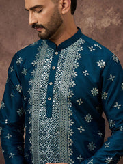 Men Blue Silk Blend Solid Embroidered Straight Kurta With Pant Set-MKSET1371
