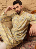 Men Yellow Viscose Rayon Bandhani Embroidered Straight Kurta With Pant Set-MKSET1192