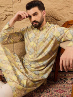 Men Yellow Viscose Rayon Bandhani Embroidered Straight Kurta With Pant Set-MKSET1192